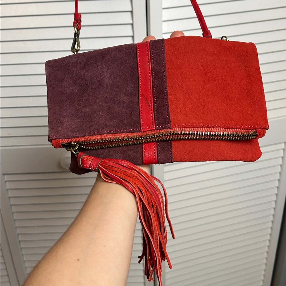 Chic Two-Tone Suede Clutch fold over Tassel small crossbody bag fringe western